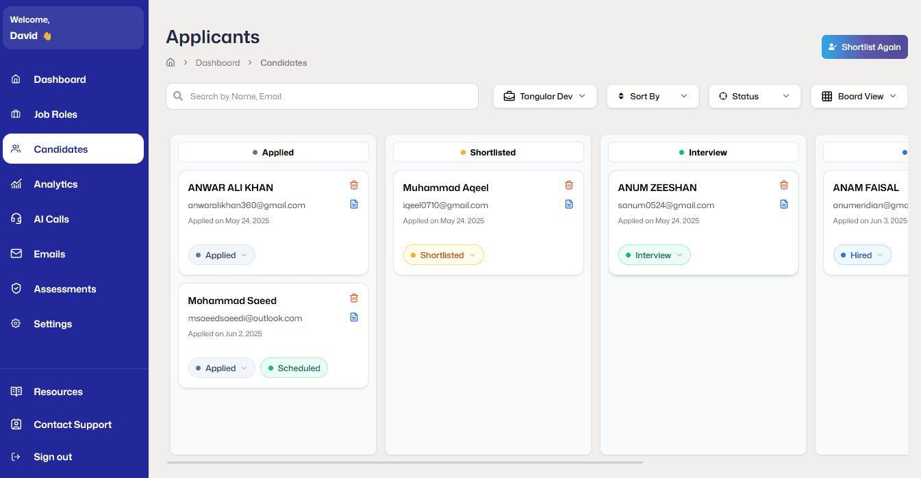 Fastrack applicants dashboard showing candidate management interface